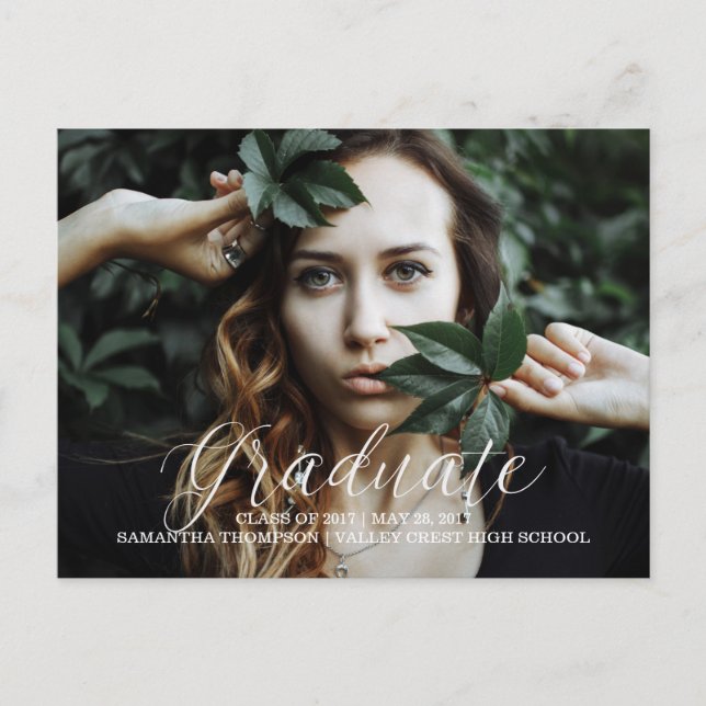 White Delicate Script Foto Abschluss Postcard Ankündigungspostkarte (Vorderseite)