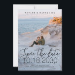 White Delicate Thin Script Foto Save the Date<br><div class="desc">Einfache,  minimale und elegante Foto Save the Date-Karte mit einem zarten,  dünnen Kalligraphie-Script-Schriftart-Overlay in schwarzer Tinte mit großen Hochzeitdatum-Nummern. Laden Sie Ihr Lieblings-Verlobung-Paar Foto hoch und passen Sie die Vorlage an,  indem Sie alle Farben und Schriftart,  die Sie für Ihre Hochzeitsankündigungen gewollt haben,  auswählen.</div>