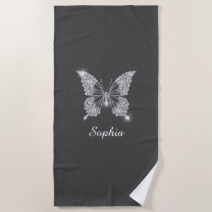 White Diamond Butterfly DIY Schriftname, Dunkelgra Strandtuch