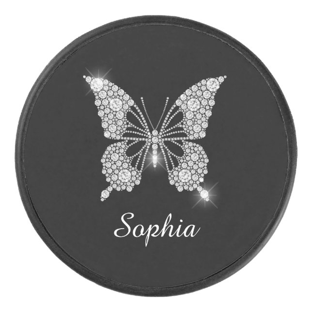 White Diamond Butterfly, DIY Script Name, Black Eishockey Puck (Vorderseite)