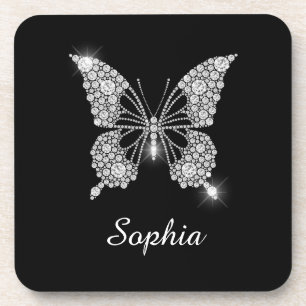 White Diamond Butterfly, DIY Script Name, Black Getränkeuntersetzer