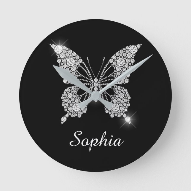 White Diamond Butterfly, DIY Script Name, Black Runde Wanduhr (Vorderseite)