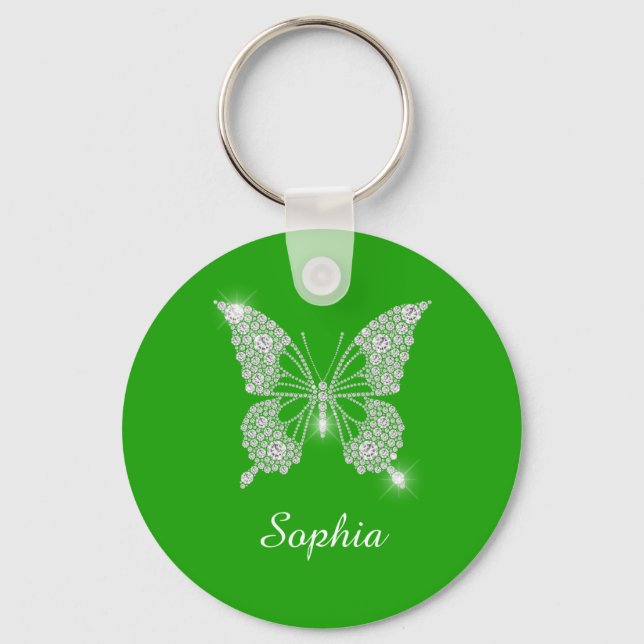 White Diamond Butterfly, DIY Script Name, Green Schlüsselanhänger (Vorderseite)