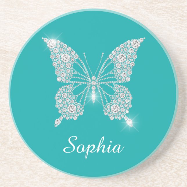 White Diamond Butterfly, Script Name, Aquamarin Getränkeuntersetzer (Vorne)