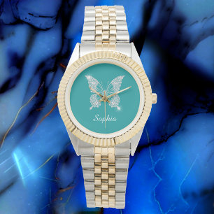 White Diamond Butterfly, Script Name, Deep Aquamar Armbanduhr