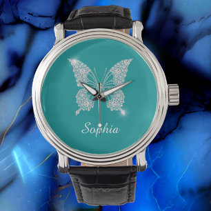 White Diamond Butterfly, Script Name, Deep Aquamar Armbanduhr