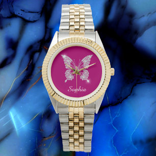 White Diamond Butterfly, Script Name, Deep Fuchsia Armbanduhr