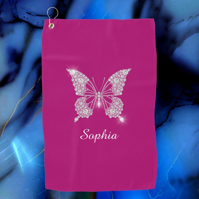 White Diamond Butterfly, Script Name, Deep Fuchsia Golfhandtuch (Von Creator hochgeladen)