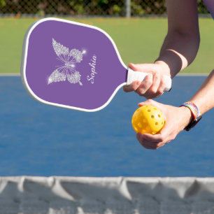 White Diamond Butterfly, Script Name, Lila Pickleball Schläger