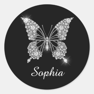White Diamond Butterfly, White Script Name Runder Aufkleber