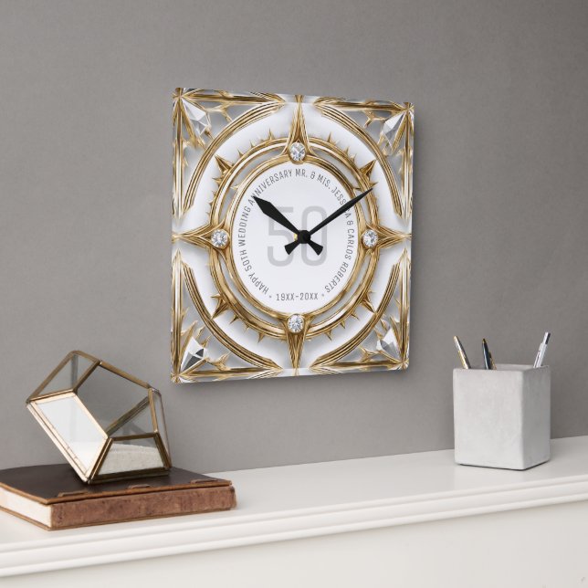 White Diamonds and Gold 50 Jahre Hochzeit Quadratische Wanduhr (Büro)