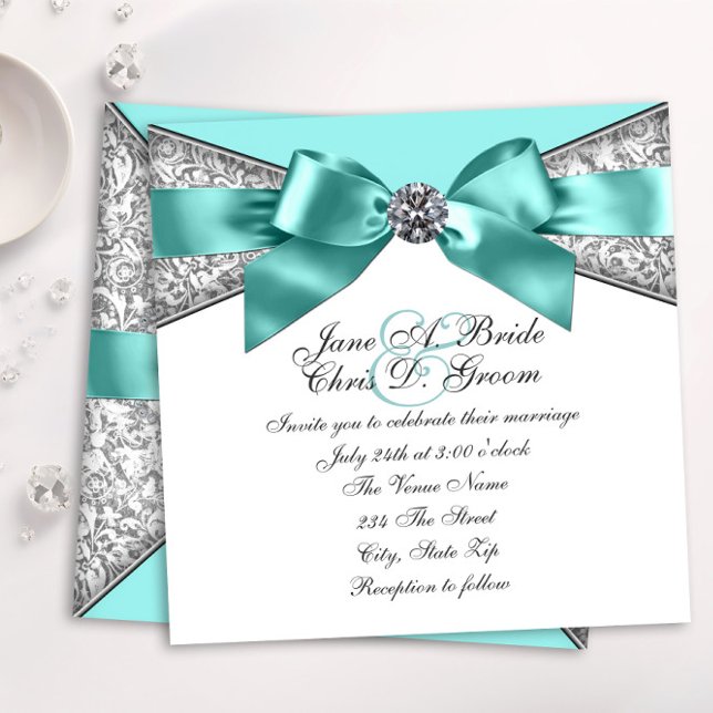 White Diamonds Aquamarin Blue Wedding Einladung (Elegant teal blue diamond wedding invitation. )