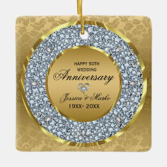 White Diamonds & Gold 50 Jahre Hochzeit Keramikornament (Vorderseite)
