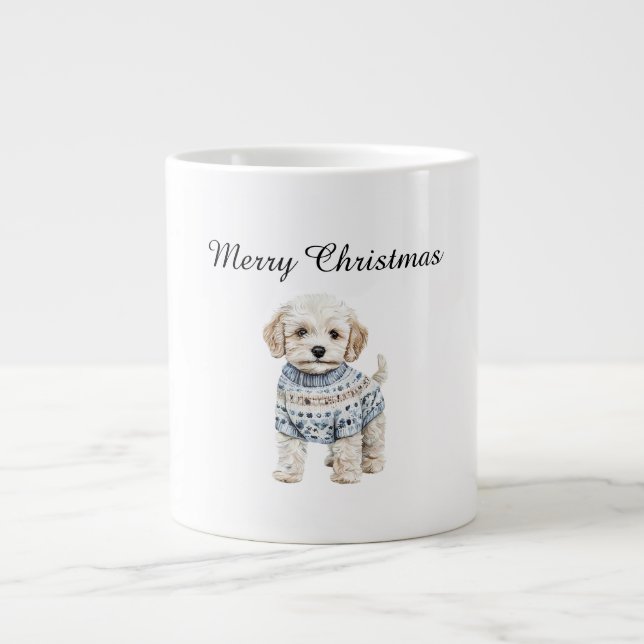 White Dog in Blue Sweater Weihnachten Jumbo-Tasse (Vorderseite)
