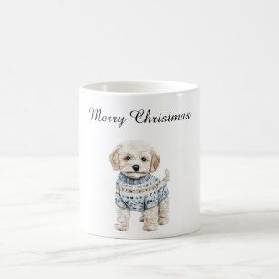 White Dog in Blue Sweater Weihnachten Kaffeetasse