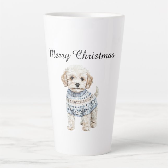 White Dog in Blue Sweater Weihnachten Milchtasse (Vorderseite)