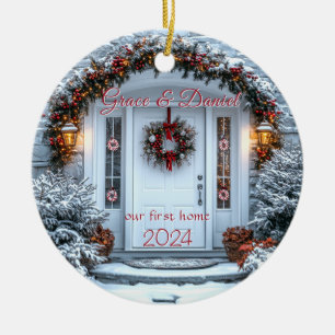 White Door Wreath "unsere erste Zuhause" Keramik Ornament