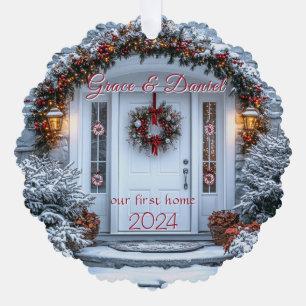 White Door Wreath "unsere erste Zuhause" Ornament Karte