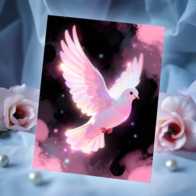 White Dove Ethereal Love Pink Clouds Celestial Postkarte (White dove in flight over starry night and pink clouds - calm, romantic, quietly magical art card.)