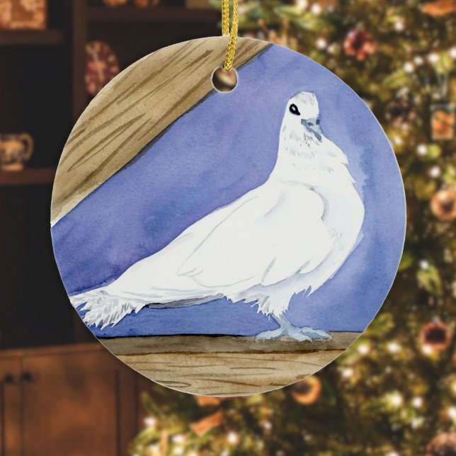 White Dove in the Rafters (Friendly Beasts Series) Keramik Ornament (Dove Friendly Beasts ornament hanging in front of a Christmas tree in a living room)