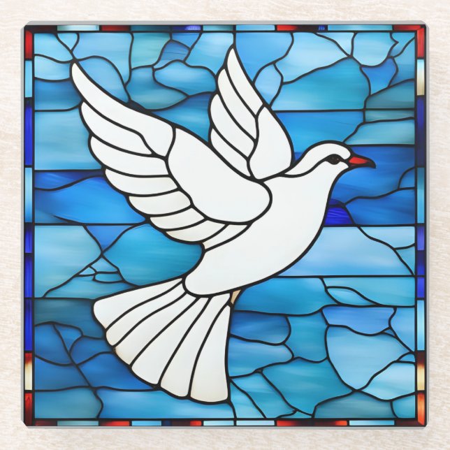 White Dove on Stained Glass Glasuntersetzer (Vorderseite)