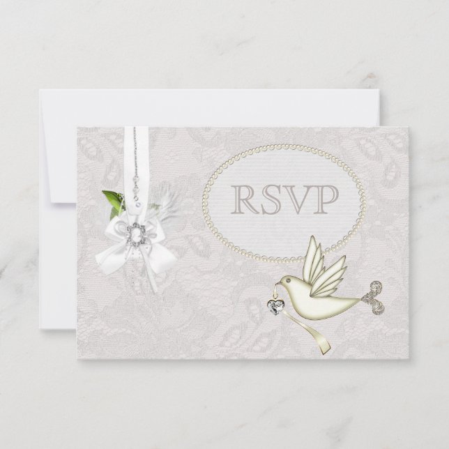 White Dove Paisley Lace & Cameo Bow UAWG Wedding RSVP Karte (Vorderseite)
