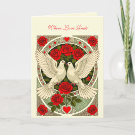White Doves and Red Roses Art Nouveau Karte