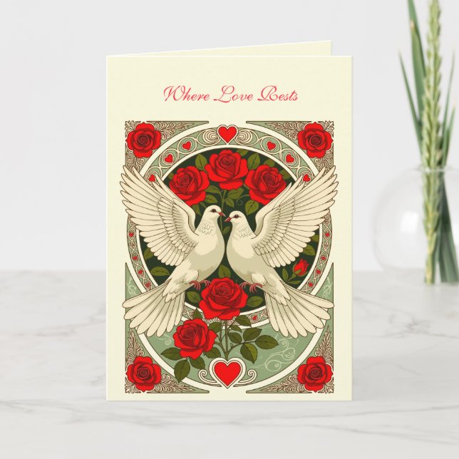 White Doves and Red Roses Art Nouveau Karte (Vorderseite)