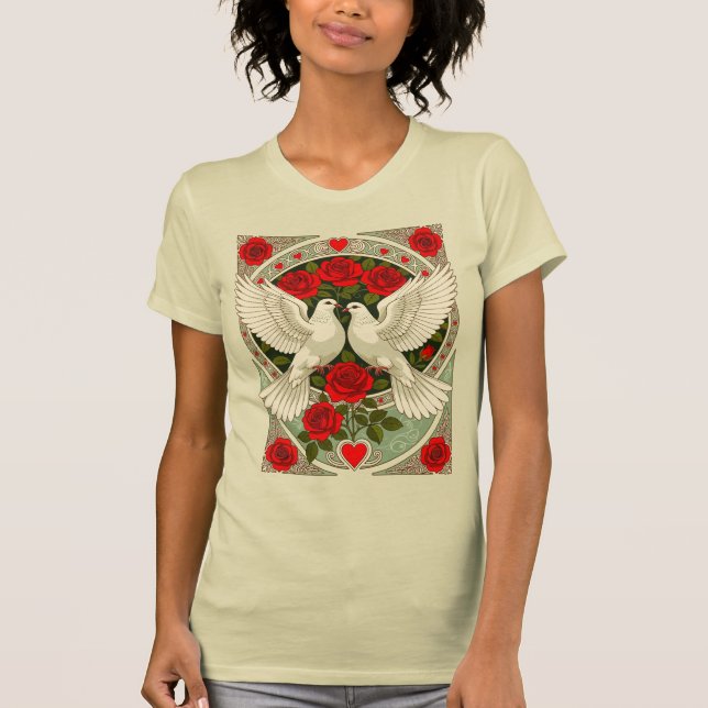 White Doves and Red Roses Art Nouveau T-Shirt (Vorderseite)