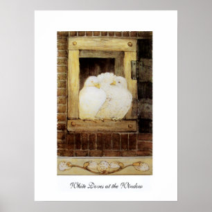 WHITE DOVES AT THE WINDOW,antique brown yellow Poster