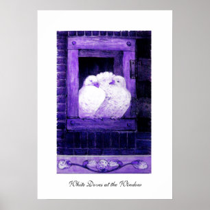 WHITE DOVES AT THE WINDOW, blue purple Poster