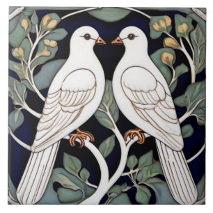 White Doves Birds Art Nouveau Dove Bird Art Deco Fliese