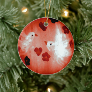 White Doves Red Hearts Love Birds Keramik Ornament