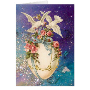 WHITE DOVES WITH EASTER EGG,BLUE BOW,PINK ROSES