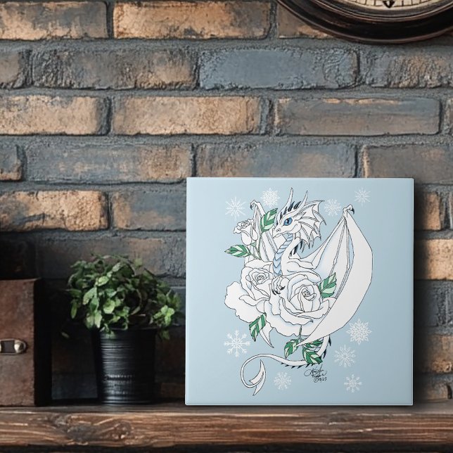 White Dragon Rose Schneeflocken Blau Fliese (Von Creator hochgeladen)