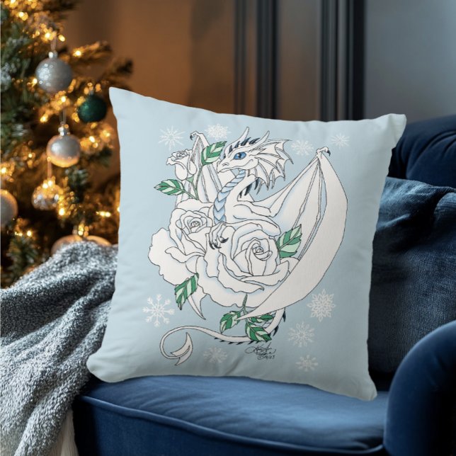 White Dragon Rose Schneeflocken Blau Kissen (Von Creator hochgeladen)
