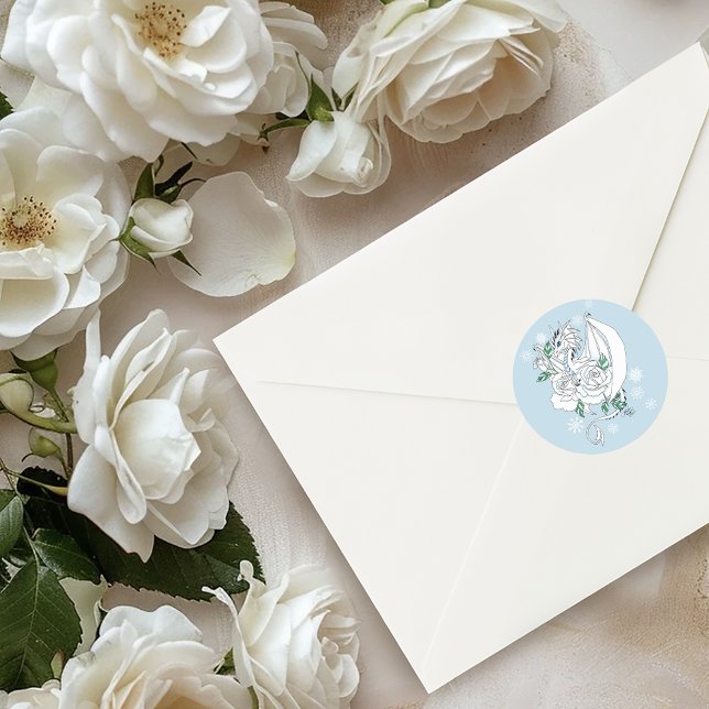 White Dragon Rose Schneeflocken Blau Runder Aufkleber (Von Creator hochgeladen)