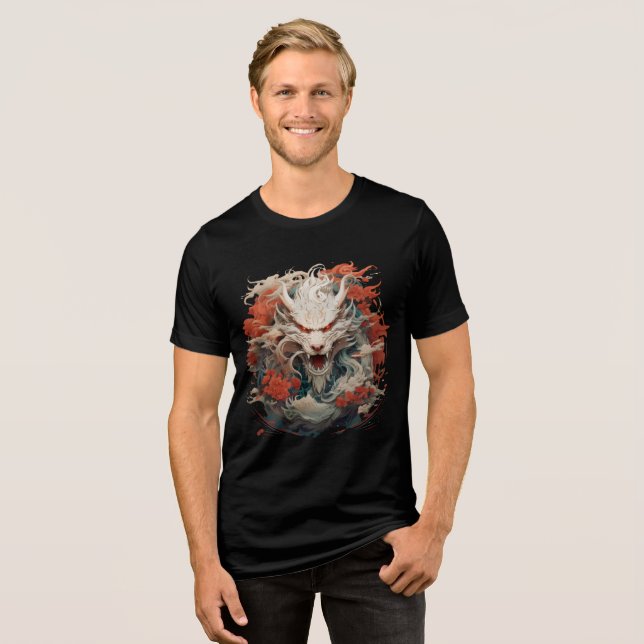 White Dragon Spirit with Crimson Peonies Tri-Blend Shirt (Vorderseite voll)