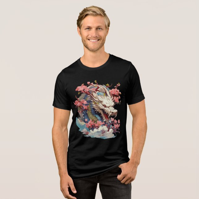 White Dragon with Blossoms Fantasy Art Tri-Blend Shirt (Vorderseite voll)
