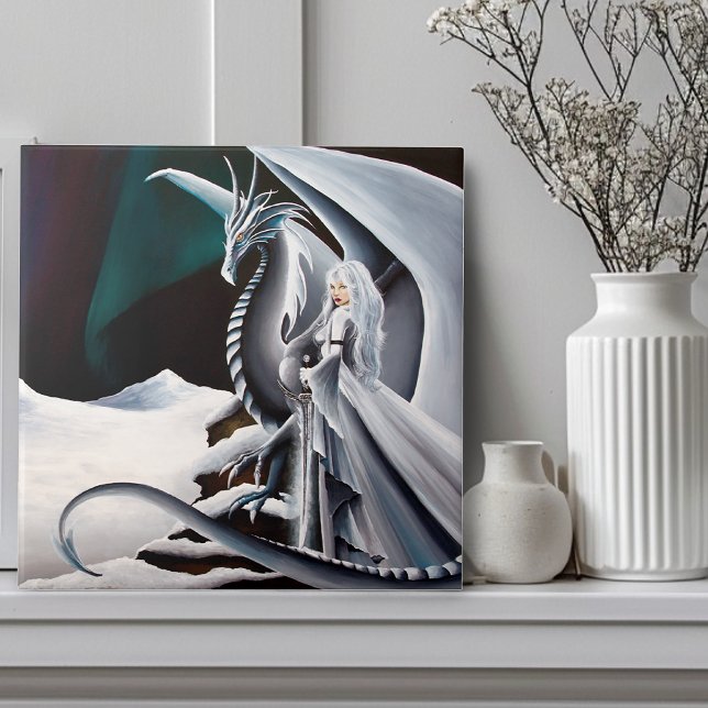 White Dragon Woman Fantasy Auroras Fliese (Von Creator hochgeladen)