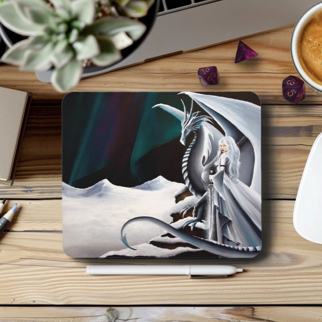 White Dragon Woman Fantasy Auroras Mousepad (Von Creator hochgeladen)