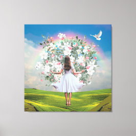 White Dress Girl Bouquet Rainbow Sky Collage Leinwanddruck
