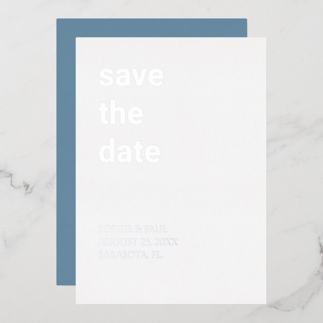 White Dusty Blue Save the Date Silver Folieneinladung (Vorderseite/Rückseite)