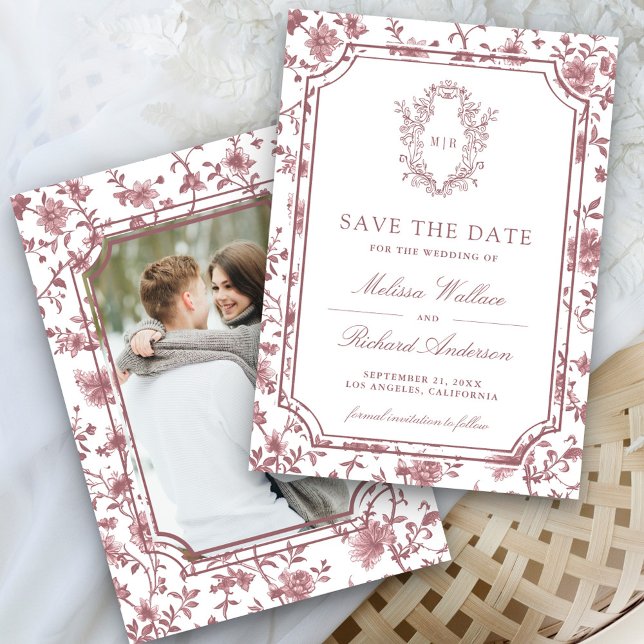 White Dusty Rose Chinoiserie Crest Photo Wedding Save The Date (Von Creator hochgeladen)