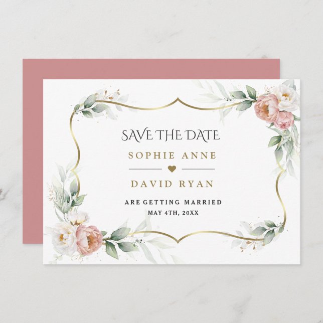 White Dusty Rose Floral Gold Airy Greenerity Weddi Save The Date (Vorne/Hinten)