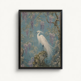 White Egret Wisteria Chinoiserie Poster