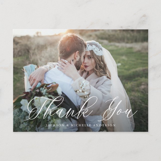 White Elegant Calligraphy Foto Wedding Vielen Dank Postkarte (Vorderseite)