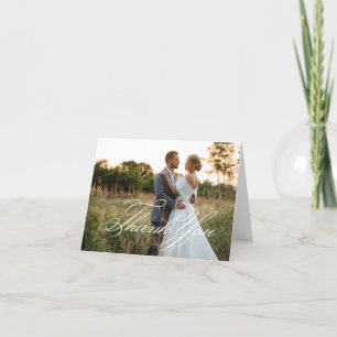 White Elegant Classic Script Wedding Foto Dankeskarte