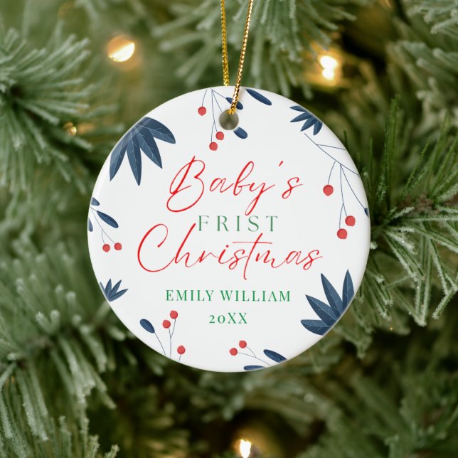 White Elegant Floral Foto Baby's First Christmas Keramik Ornament (Baum)