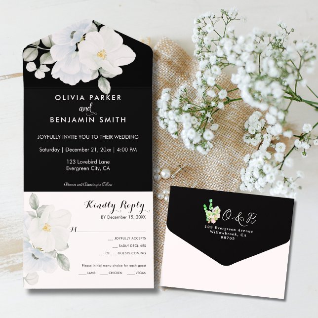 White Elegant Floral Monogram Modern Black Wedding All In One Einladung (White Elegant Floral Monogram Modern Black Wedding All In One Invitation)